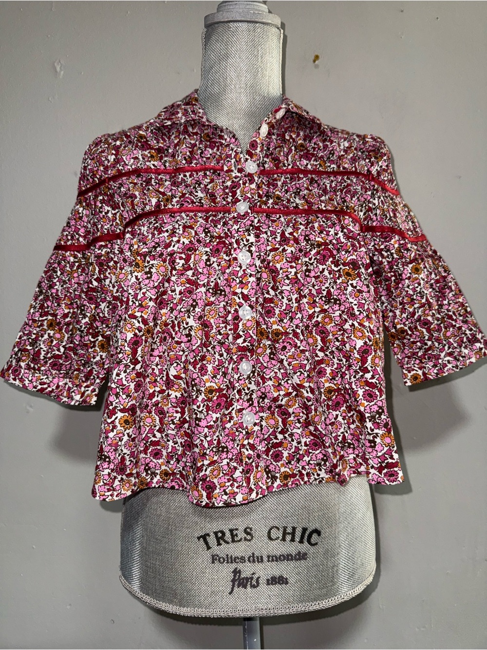 Anthropologie Floral Pink Button-Front Peasant Top